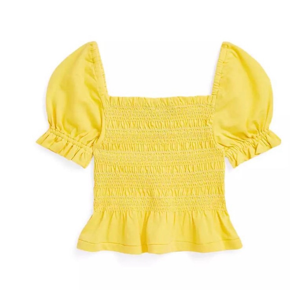 Polo Ralph‎ Lauren Yellow Smocked Peplum Top Short Sleeve Square Neck M 8-10